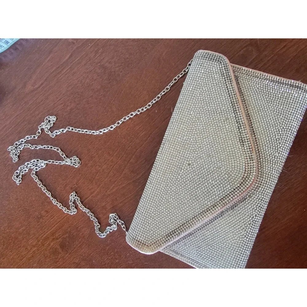 Lulu Townsend Silver Rhinestone Envelope Clutch Chain Shoulder Strap Snap Party